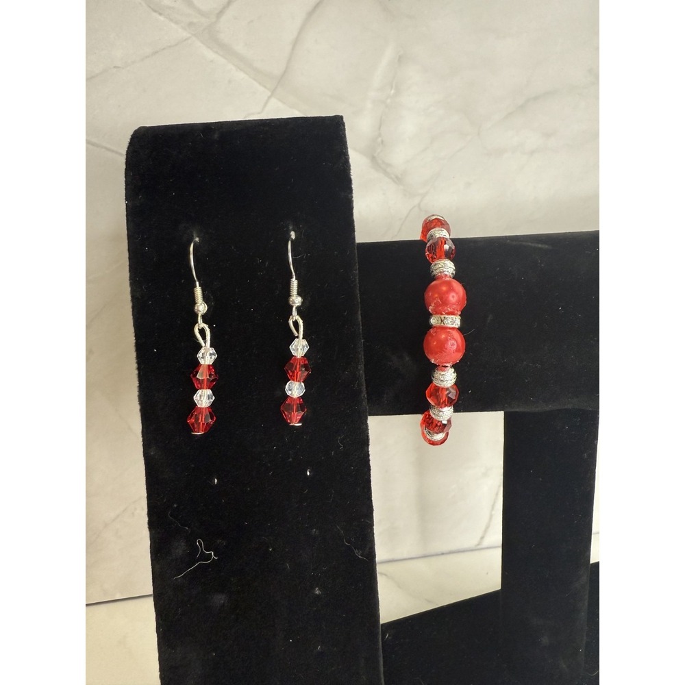 red and silver beaded jewelry set handmade bracelet and earrings